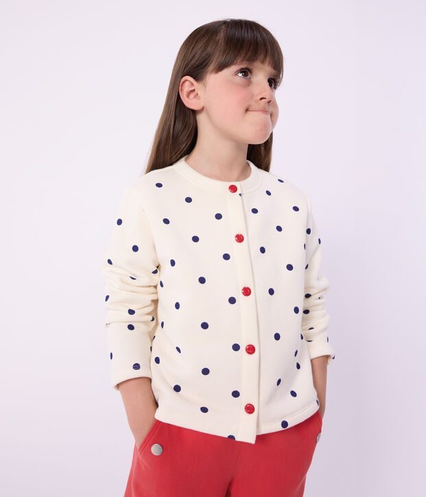 Cardigan enfant en coton imprim&eacute; pois bleu/bleu