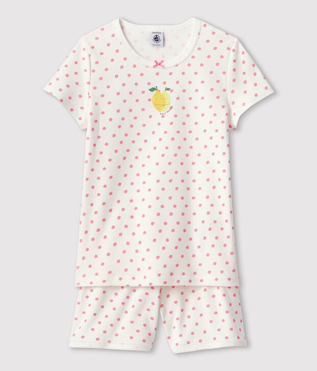 Pyjacourt &agrave; pois roses petite fille en coton blanc/rose