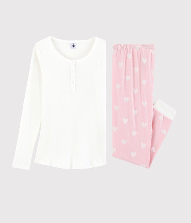 Pyjama fille-femme en coton blanc/rose