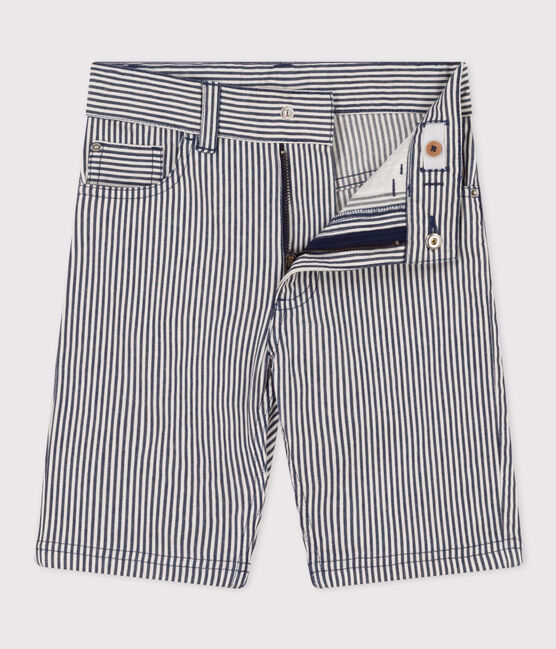 Bermuda en toile de coton rayé enfant garçon bleu MEDIEVAL/blanc MARSHMALLOW