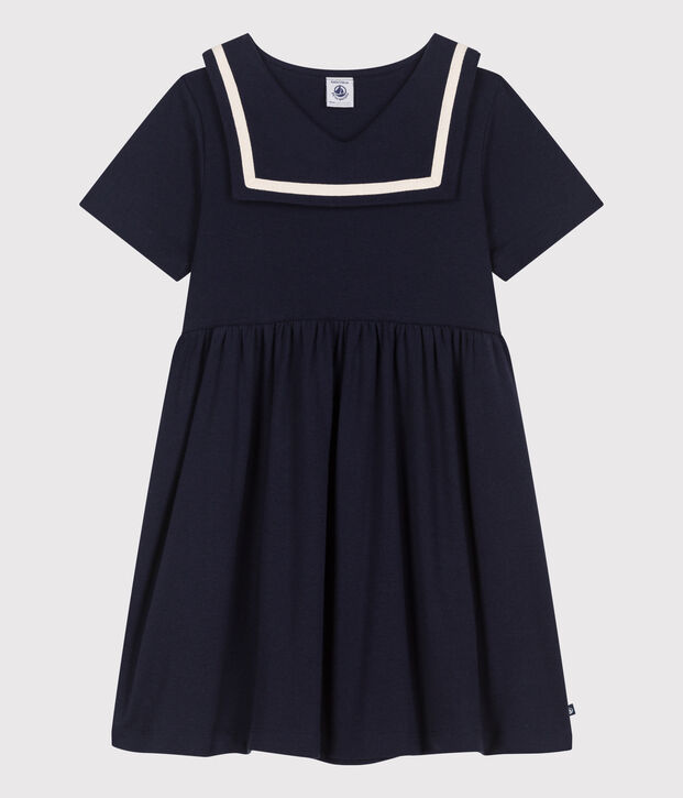 Robe enfant en coton manches courtes unie bleu