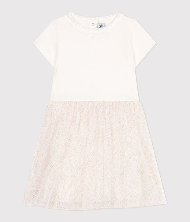 Robe enfant en coton et tulle manches courtes blanc/rose