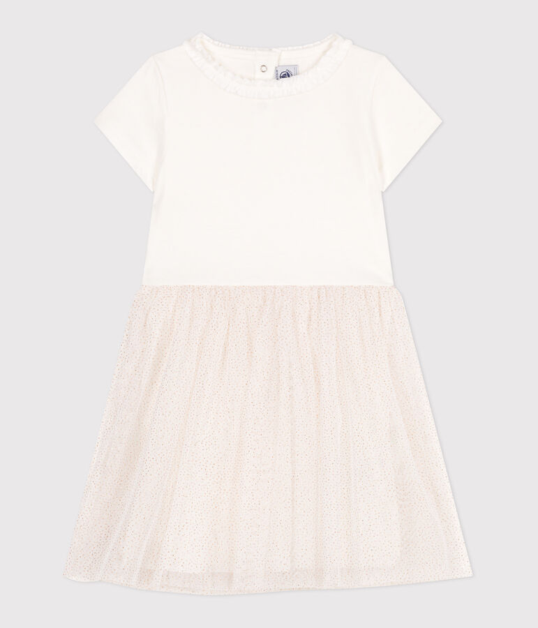 Robe enfant en coton et tulle manches courtes blanc MARSHMALLOW/rose COPPER