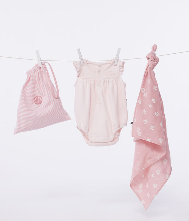 Ensemble naissance coffret deux pi&egrave;ces, barboteuse et lange rose clair