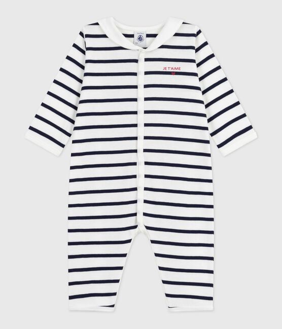Pyjama bébé en coton sans pieds avec col bateau imprimé rayures blanc MARSHMALLOW/bleu SMOKING
