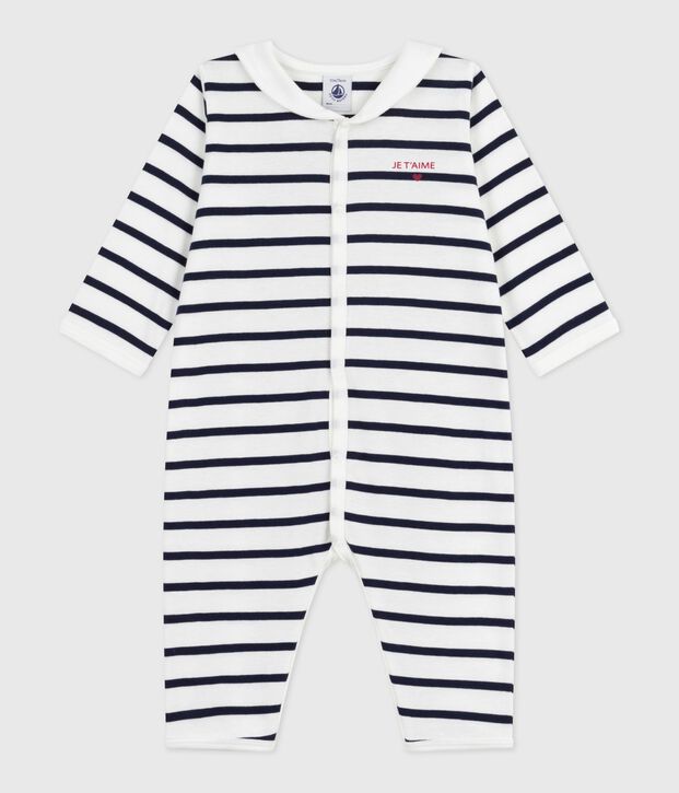 Pyjama b&eacute;b&eacute; en coton sans pieds avec col bateau imprim&eacute; rayures blanc/bleu