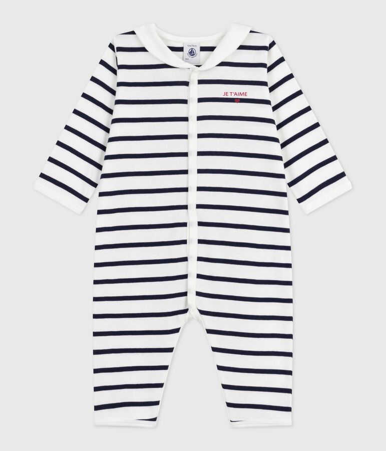 Pyjama b&eacute;b&eacute; en coton sans pieds avec col bateau imprim&eacute; rayures blanc MARSHMALLOW/bleu SMOKING
