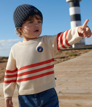 Pull bébé en coton à rayures placées et badge à la poitrine