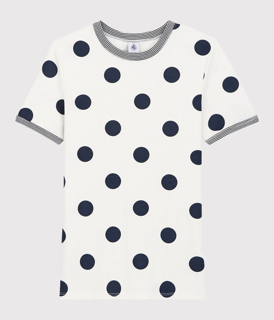 T-shirt col rond à pois en coton  Femme blanc MARSHMALLOW/bleu MEDIEVAL