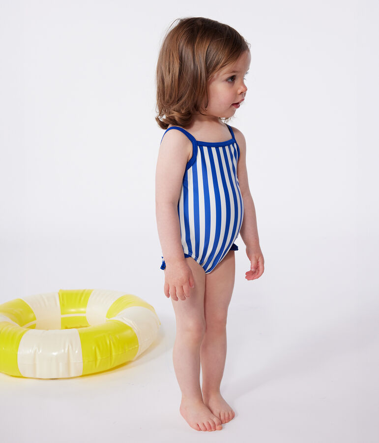 Maillot de bain b&eacute;b&eacute; une pi&egrave;ce &agrave; volants, imprim&eacute; ray&eacute; bleu SURF/blanc MARSHMALLOW