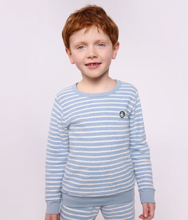 Pyjama enfant en coton &eacute;ponge &agrave; rayures bleu/&eacute;cru