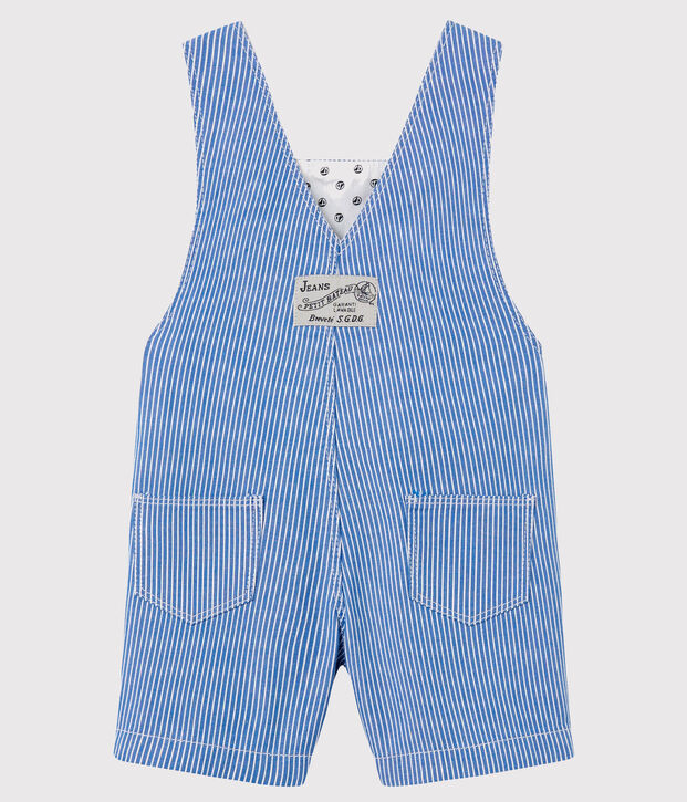 Salopette courte en toile ray&eacute;e b&eacute;b&eacute; gar&ccedil;on bleu/blanc