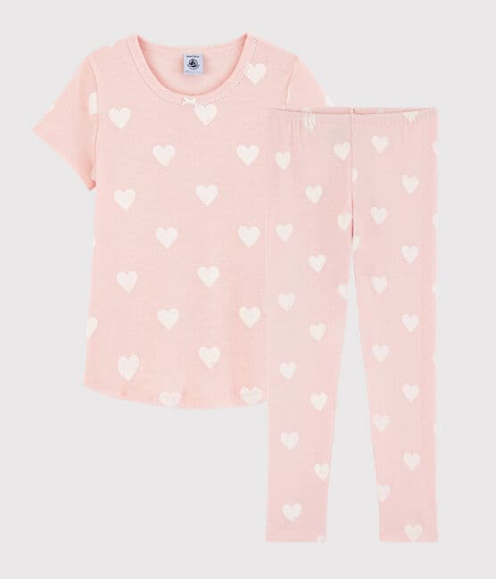Pyjama rose à cœur petite fille en coton biologique rose MINOIS/blanc ECUME