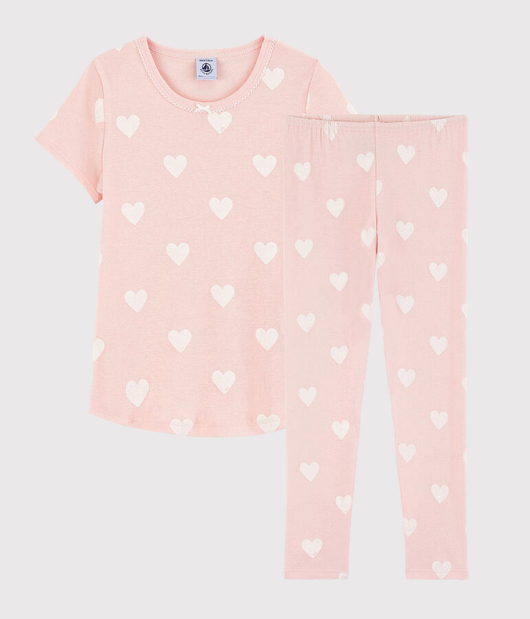 Pyjama rose &agrave; c&oelig;ur petite fille en coton biologique rose/blanc
