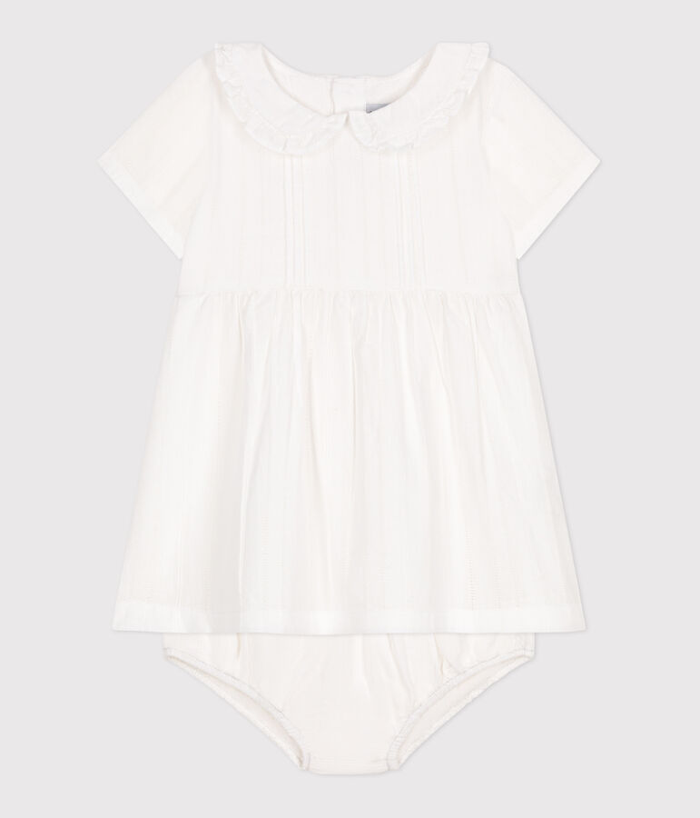 Robe blanche b&eacute;b&eacute; en coton, bloomer et leurs d&eacute;tails ajour&eacute;s blanc ECUME