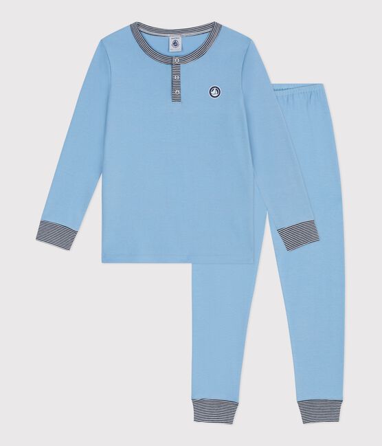 Pyjama enfant en coton col tunisien uni bleu FLO