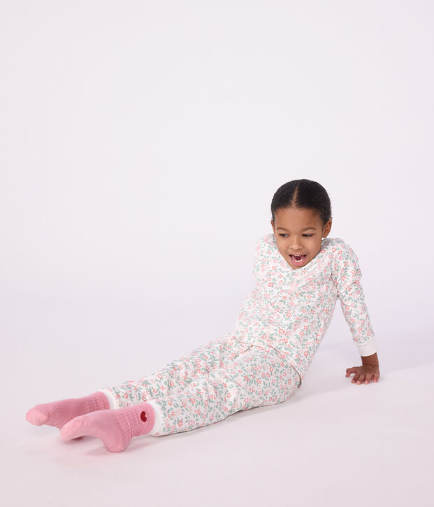 Pyjama enfant en molleton &agrave; fleurs blanc/multicouleur