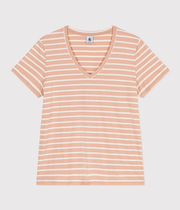 Tee-shirt LE DROIT col V en coton Femme beige/&eacute;cru