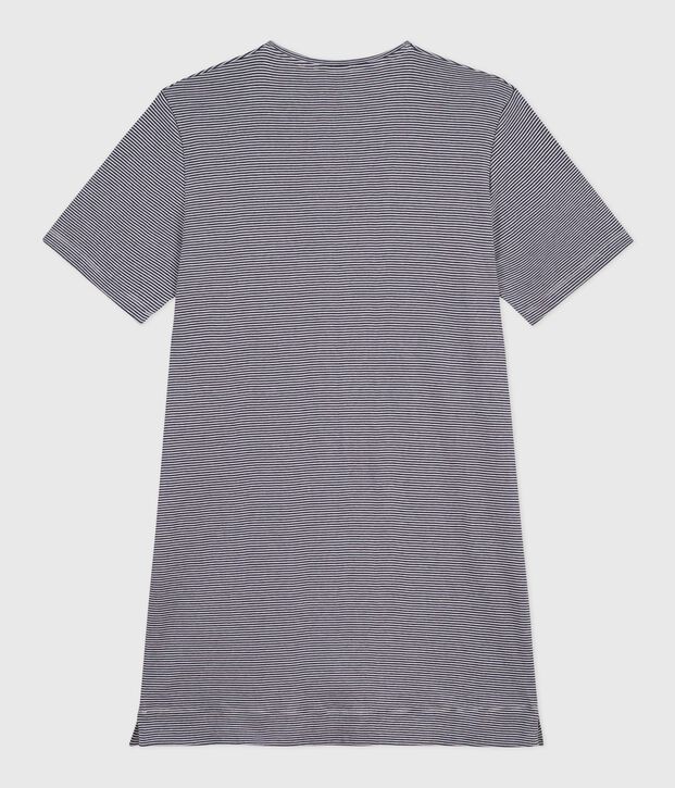 Chemise de nuit femme en coton manches courtes &agrave; rayures bleu/blanc