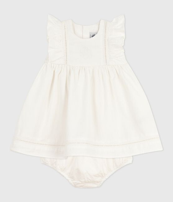 Robe bébé en coton sans manche unie et brodée avec son bloomer blanc ECUME