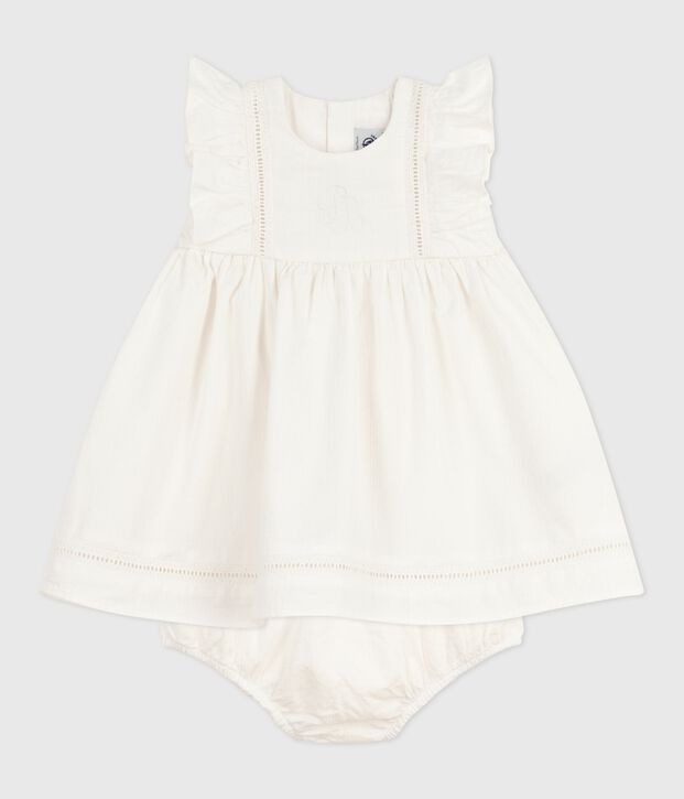 Robe b&eacute;b&eacute; en coton sans manche unie et brod&eacute;e avec son bloomer blanc