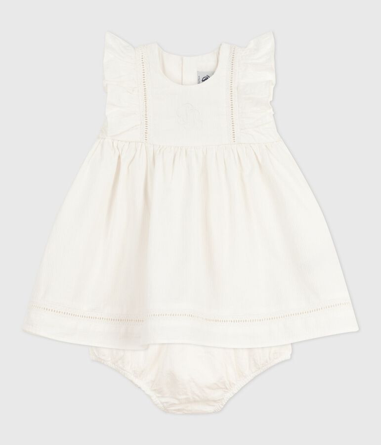 Robe b&eacute;b&eacute; en coton sans manche unie et brod&eacute;e avec son bloomer blanc ECUME
