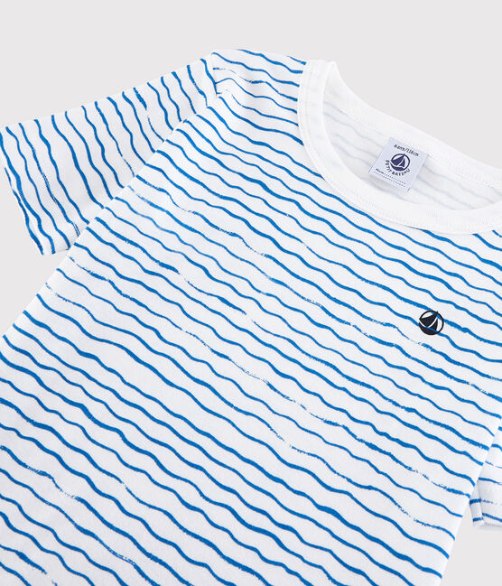Pyjacourt snugfit imprimé vagues petit garçon en coton blanc MARSHMALLOW/bleu COOL