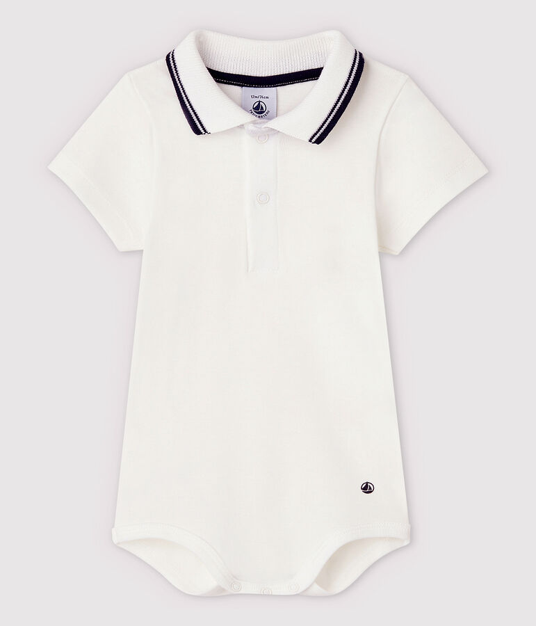 Body manches courtes colo polo en coton b&eacute;b&eacute; blanc MARSHMALLOW