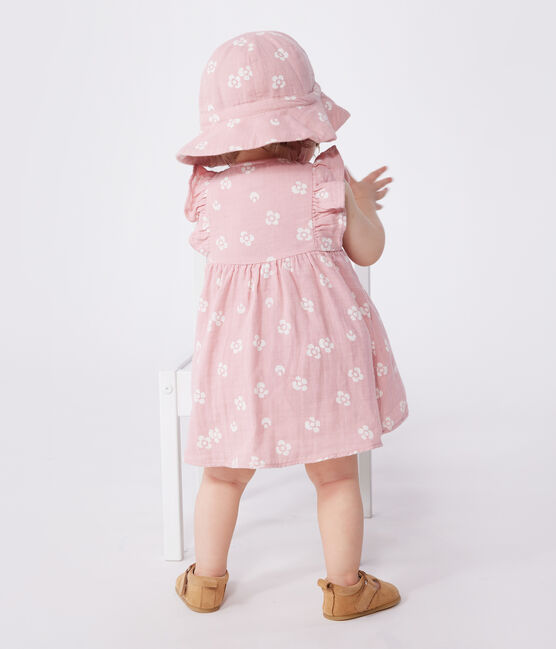 Robe bébé en gaze de coton et son bloomer, imprimée à fleurs rose CHARME/blanc MARSHMALLOW