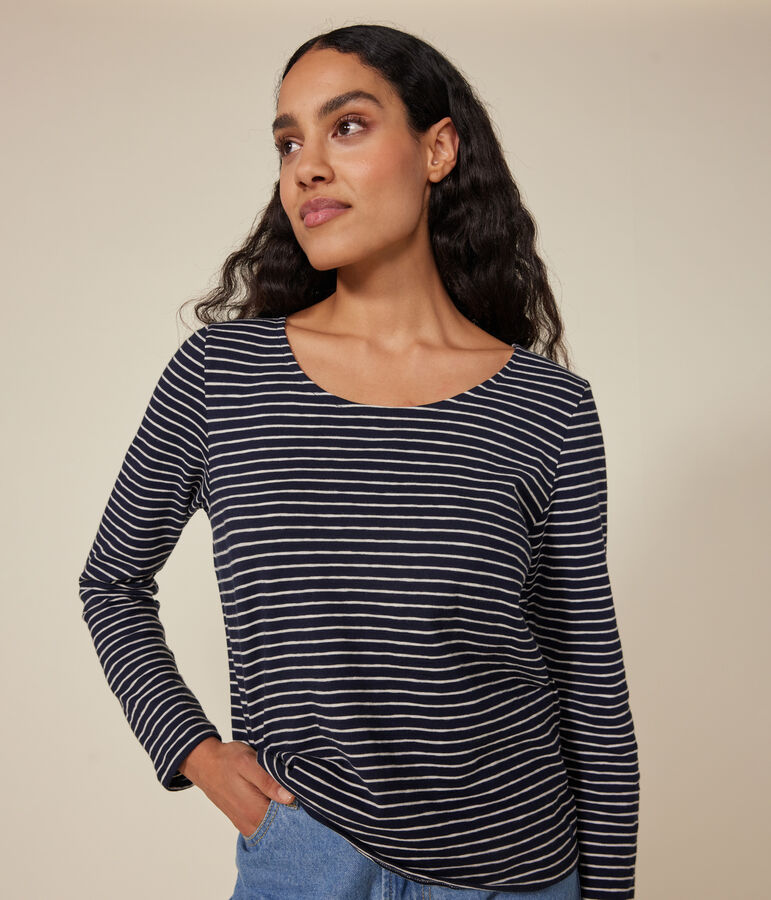 Tee-shirt Le Droit manches longues col danseuse en jersey flamm&eacute; femme bleu/beige