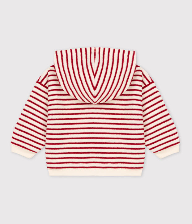 Sweatshirt &agrave; capuche b&eacute;b&eacute; en bouclette &eacute;ponge &eacute;cru/rouge