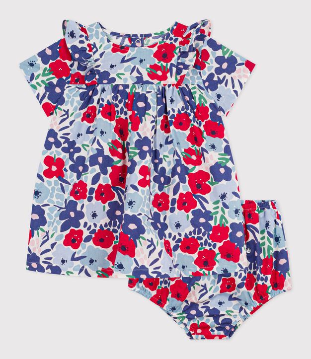Robe b&eacute;b&eacute; en coton manches courtes et son bloomer imprim&eacute;s fleurs blanc/multicouleur