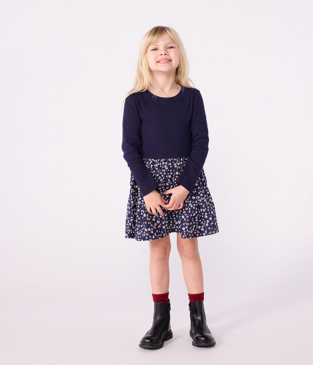 Robe enfant manches longues en coton bleu/multicouleur