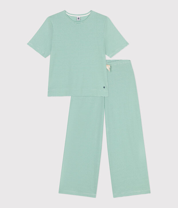 Pyjama femme en coton jambes larges &agrave; rayures vert/blanc