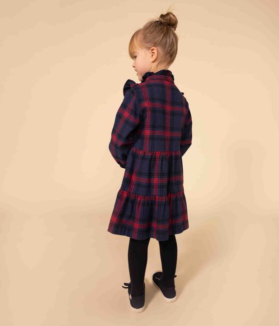 Robe à carreaux manches longues en flanelle de coton à carreaux enfant fille bleu SMOKING/blanc MULTICO