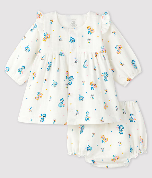Robe fleurie manches longues avec bloomer b&eacute;b&eacute; fille en tissu couche blanc/multicouleur