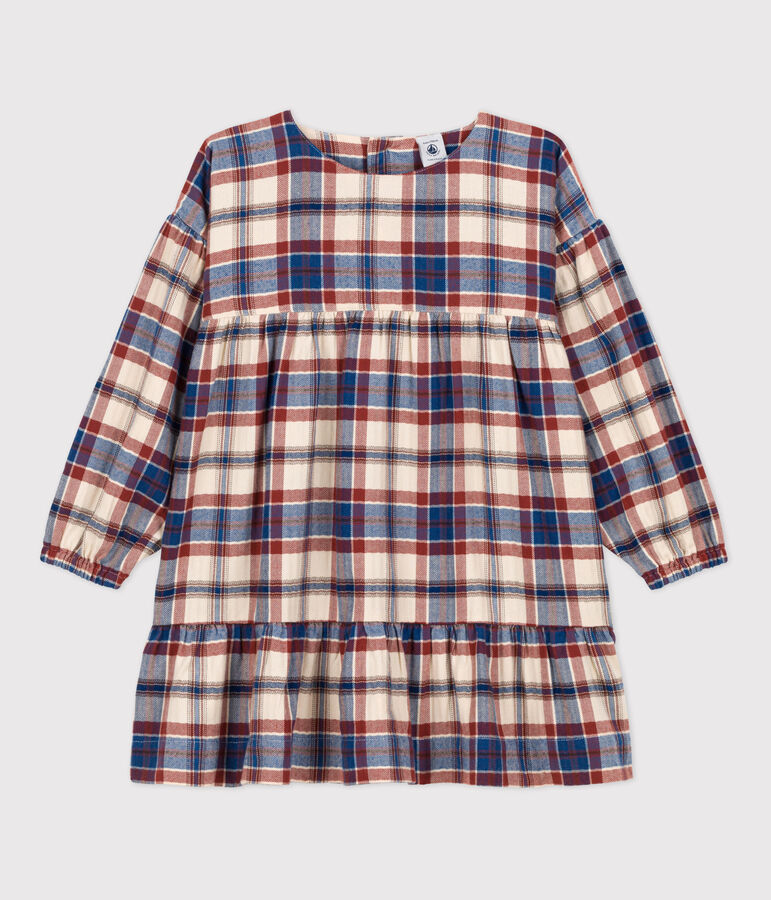 Robe &agrave; carreaux manches longues en flanelle enfant fille &eacute;cru/multicouleur