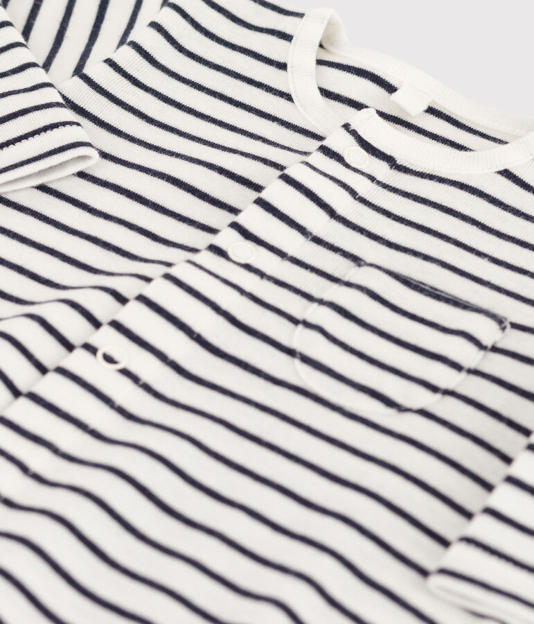 Combinaison longue ray&eacute;e marini&egrave;re en coton bio b&eacute;b&eacute; blanc MARSHMALLOW/bleu SMOKING