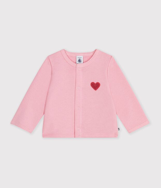 Cardigan b&eacute;b&eacute; en coton uni et badge c&oelig;ur rose clair