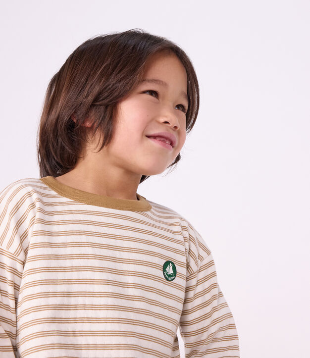 Tee-shirt enfant manches longues &agrave; rayures beige/&eacute;cru/beige