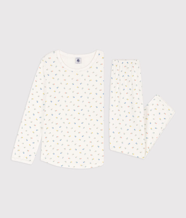 Pyjama fleurs en coton petite fille blanc/multicouleur