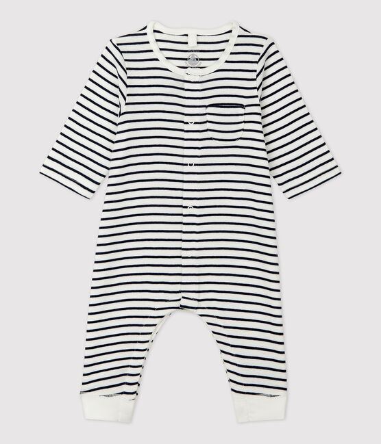 Combinaison longue rayée marinière en coton bio bébé blanc MARSHMALLOW/bleu SMOKING