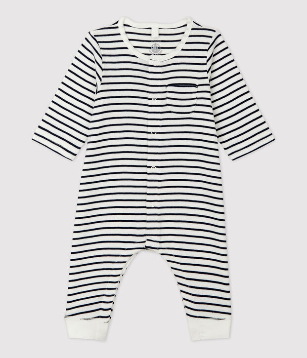 Combinaison longue ray&eacute;e marini&egrave;re en coton bio b&eacute;b&eacute; blanc/bleu