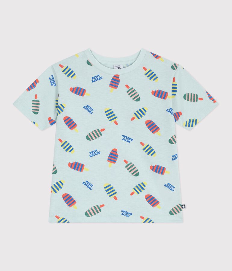 Tee-shirt enfant manches courtes en coton imprim&eacute; mouettes bleu/multicouleur
