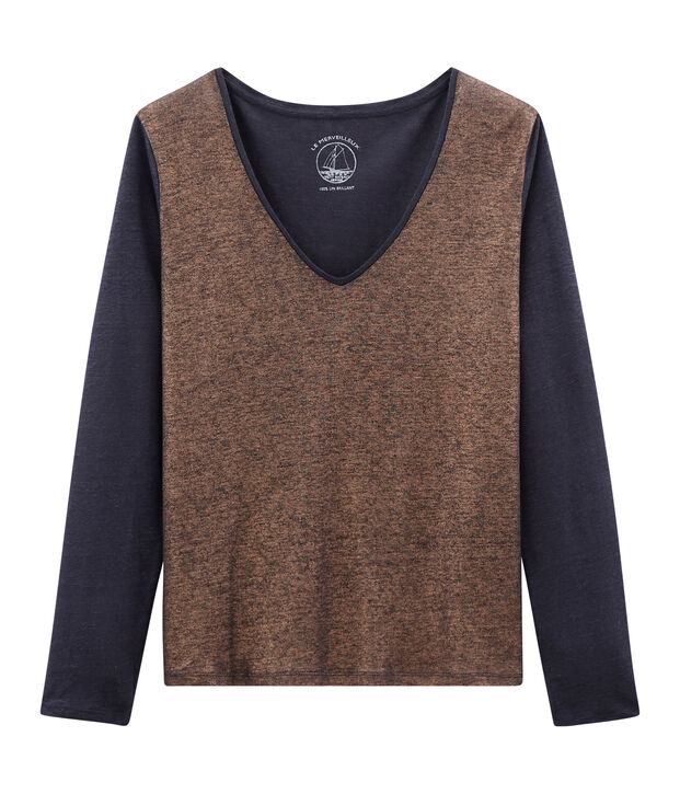 Tee-shirt manches longues femme en lin iris&eacute; bleu/rose