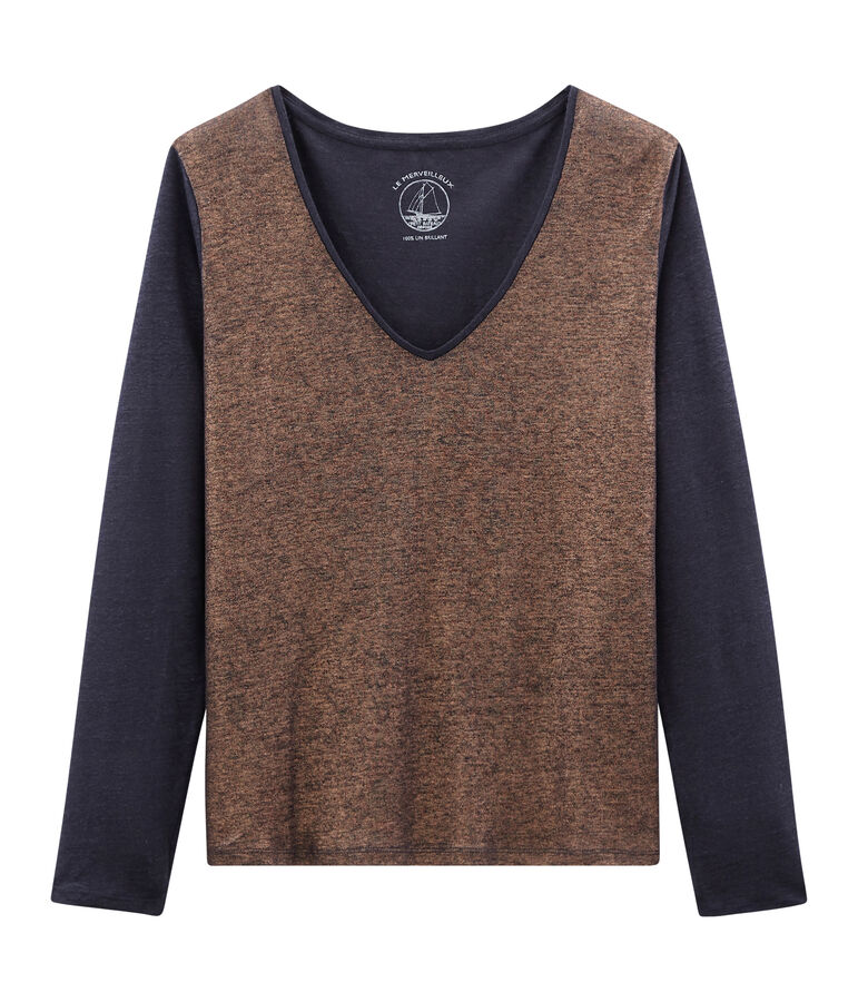 Tee-shirt manches longues femme en lin iris&eacute; bleu/rose