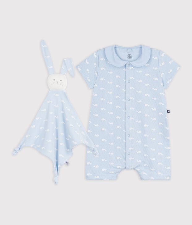 Ensemble cadeau b&eacute;b&eacute; combinaison et doudou imprim&eacute;s baleines bleu/blanc