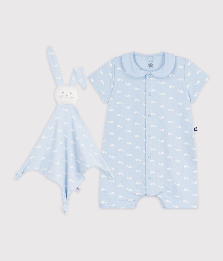 Ensemble cadeau b&eacute;b&eacute; combinaison et doudou imprim&eacute;s baleines bleu/blanc