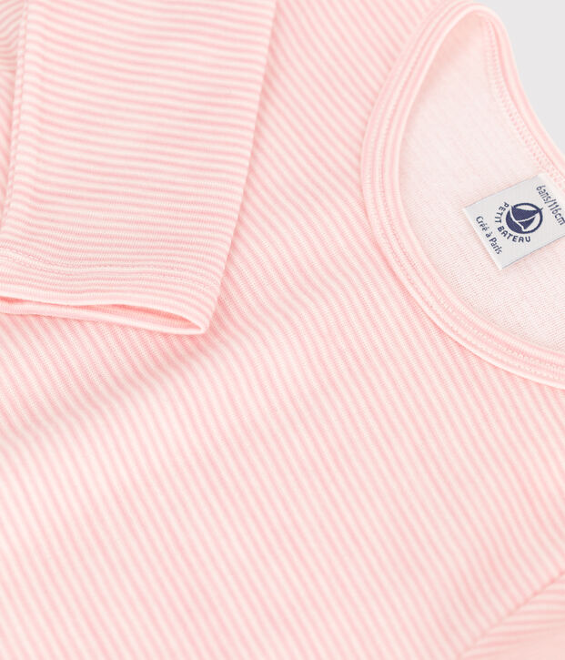 Tee-shirt manches longues milleraies petite fille en laine et coton rose/blanc