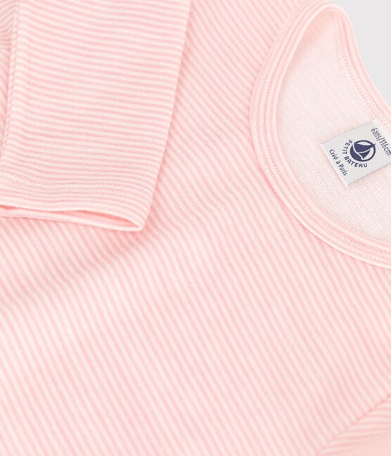 Tee-shirt manches longues milleraies petite fille en laine et coton rose CHARME/blanc MARSHMALLOW